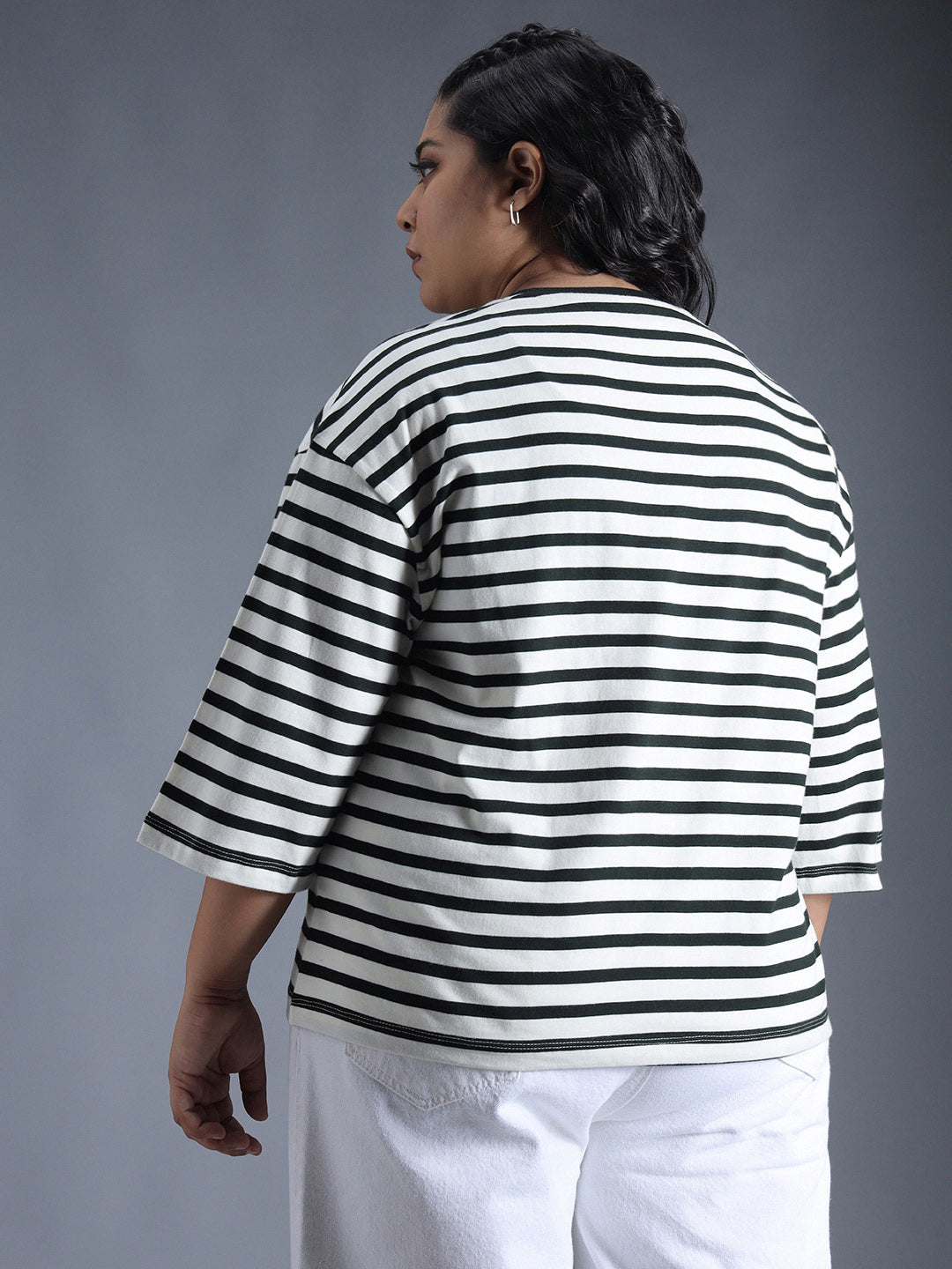 Plus Size Striped Drop-Shoulder Sleeves Oversized T-Shirt