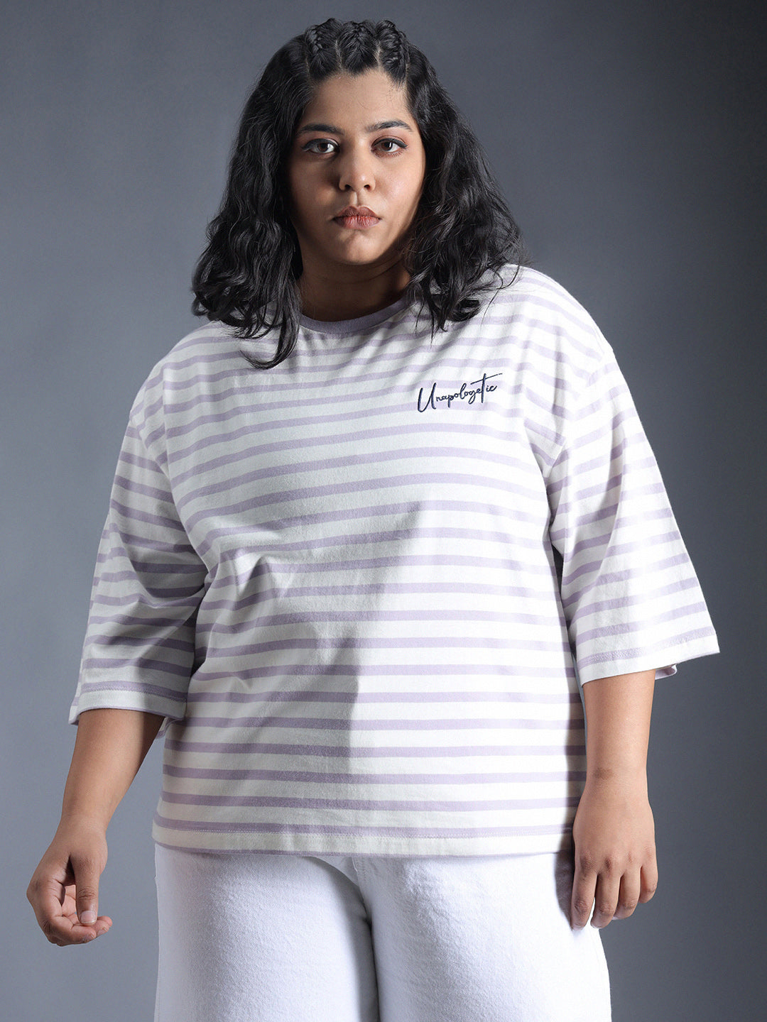 Plus Size Striped Drop-Shoulder Sleeves Oversized T-Shirt