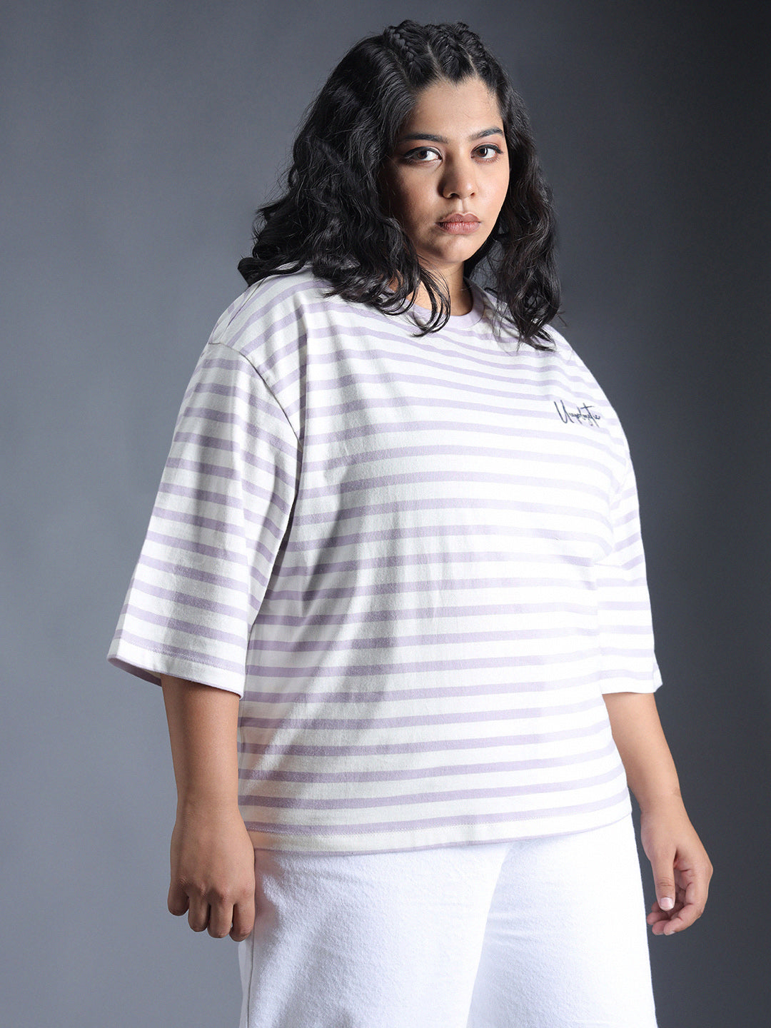 Plus Size Striped Drop-Shoulder Sleeves Oversized T-Shirt