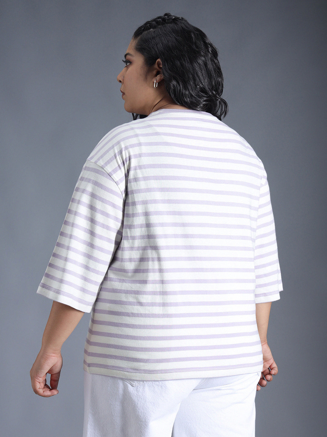 Plus Size Striped Drop-Shoulder Sleeves Oversized T-Shirt