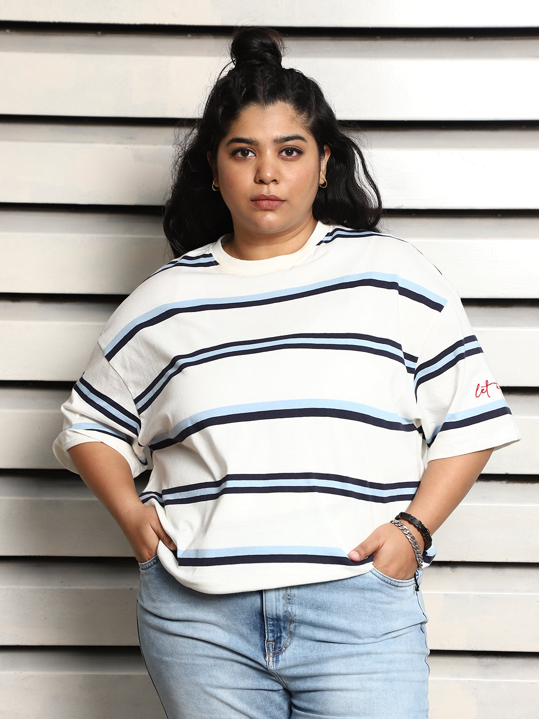 Cotton Plus Size Striped Drop-Shoulder Sleeves Oversized T-shirt