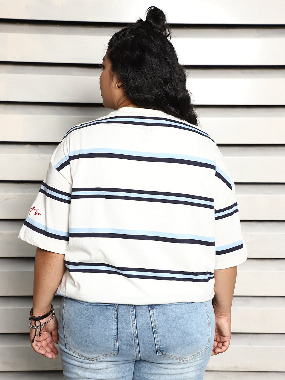 Cotton Plus Size Striped Drop-Shoulder Sleeves Oversized T-shirt