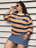 Plus Size Striped Drop-Shoulder Sleeves Cotton boxy T-shirt