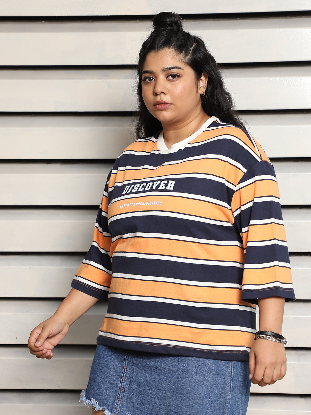 Plus Size Striped Drop-Shoulder Sleeves Cotton boxy T-shirt