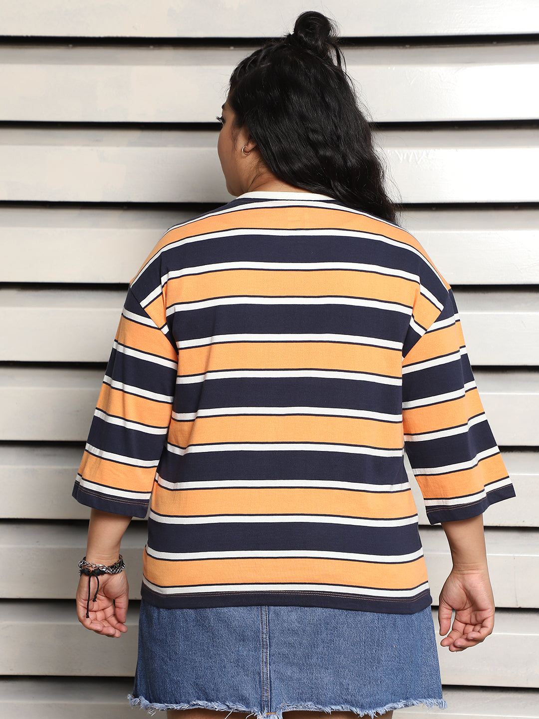 Plus Size Striped Drop-Shoulder Sleeves Cotton boxy T-shirt