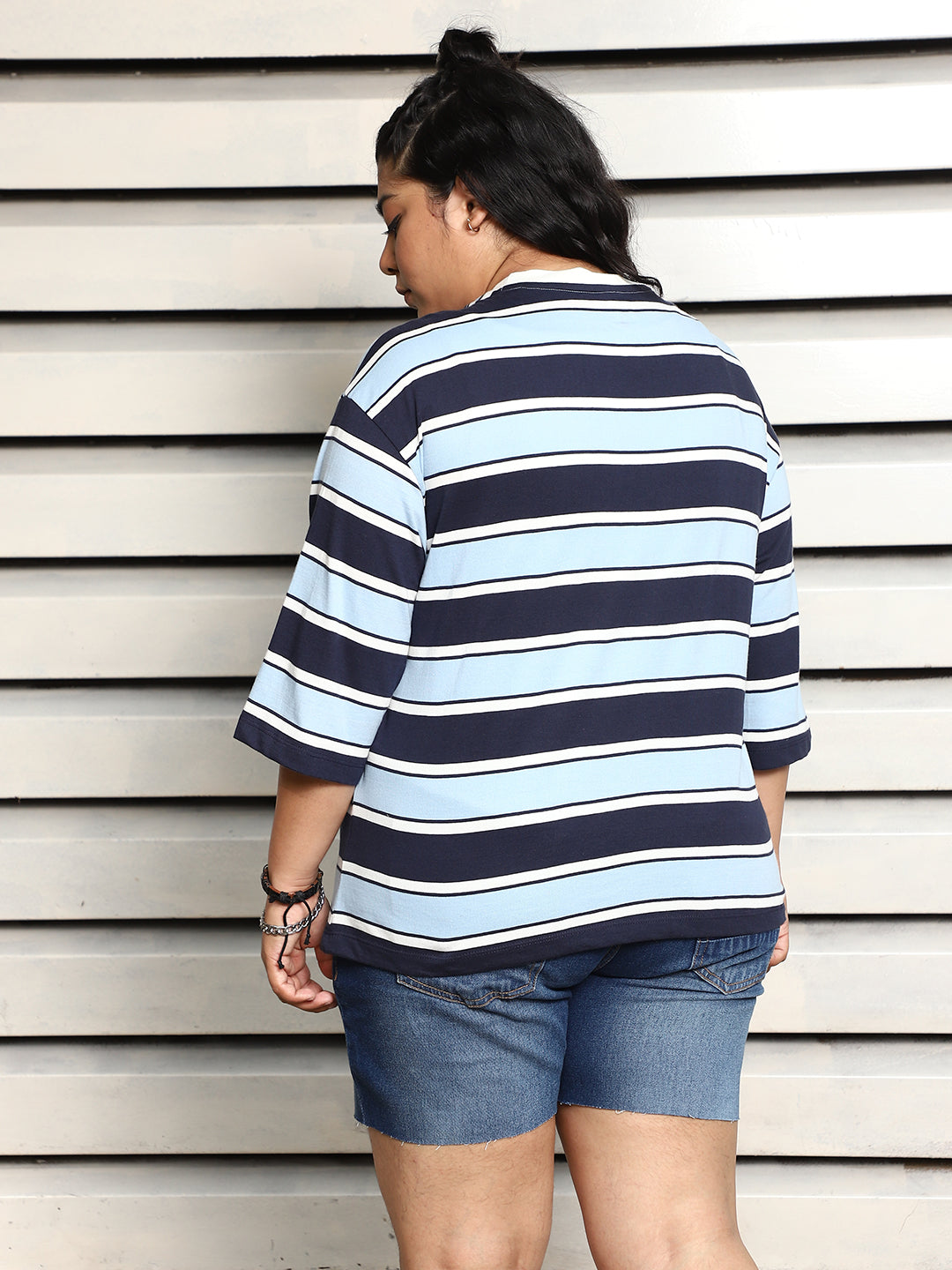 Plus Size Striped Drop-Shoulder Sleeves Cotton Boxy T-shirt