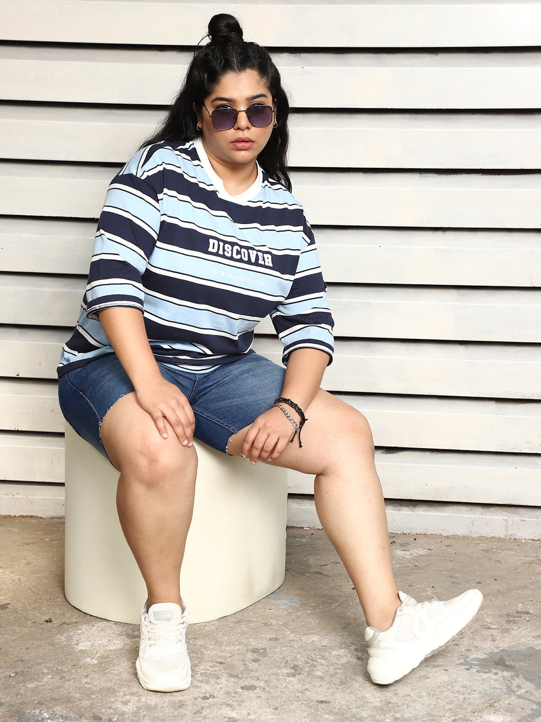 Plus Size Striped Drop-Shoulder Sleeves Cotton Boxy T-shirt