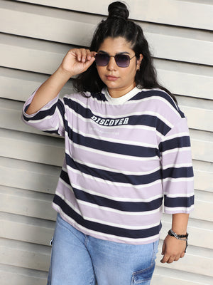 Plus Size Striped Drop-Shoulder Sleeves Cotton boxy T-shirt