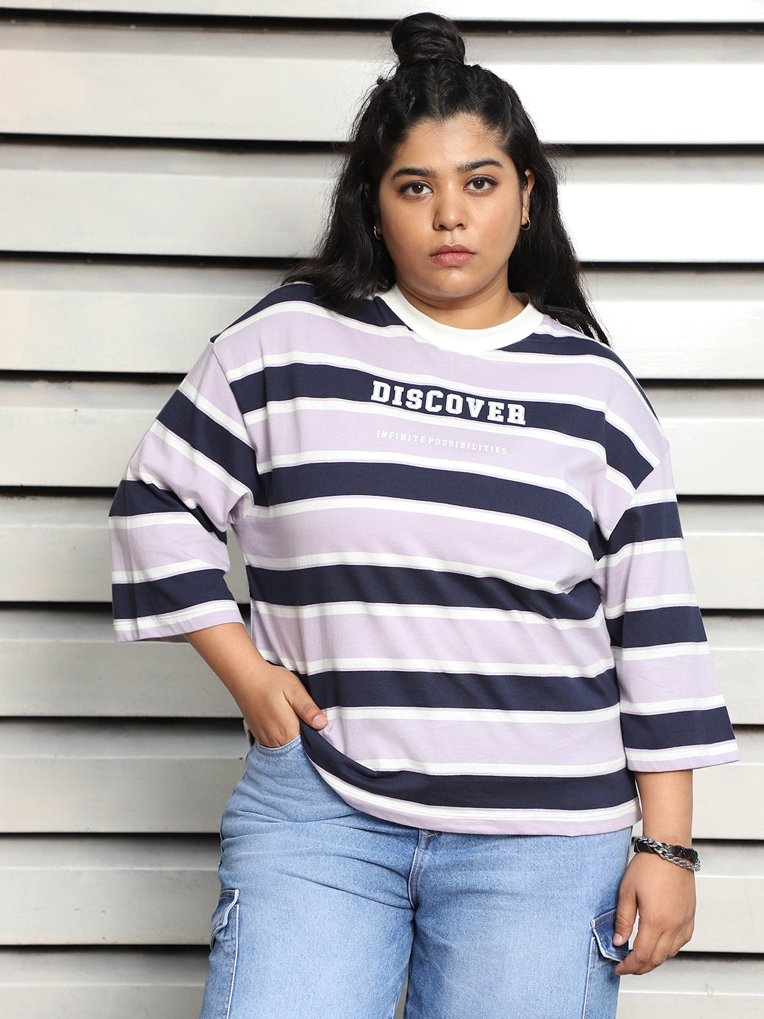 Plus Size Striped Drop-Shoulder Sleeves Cotton boxy T-shirt