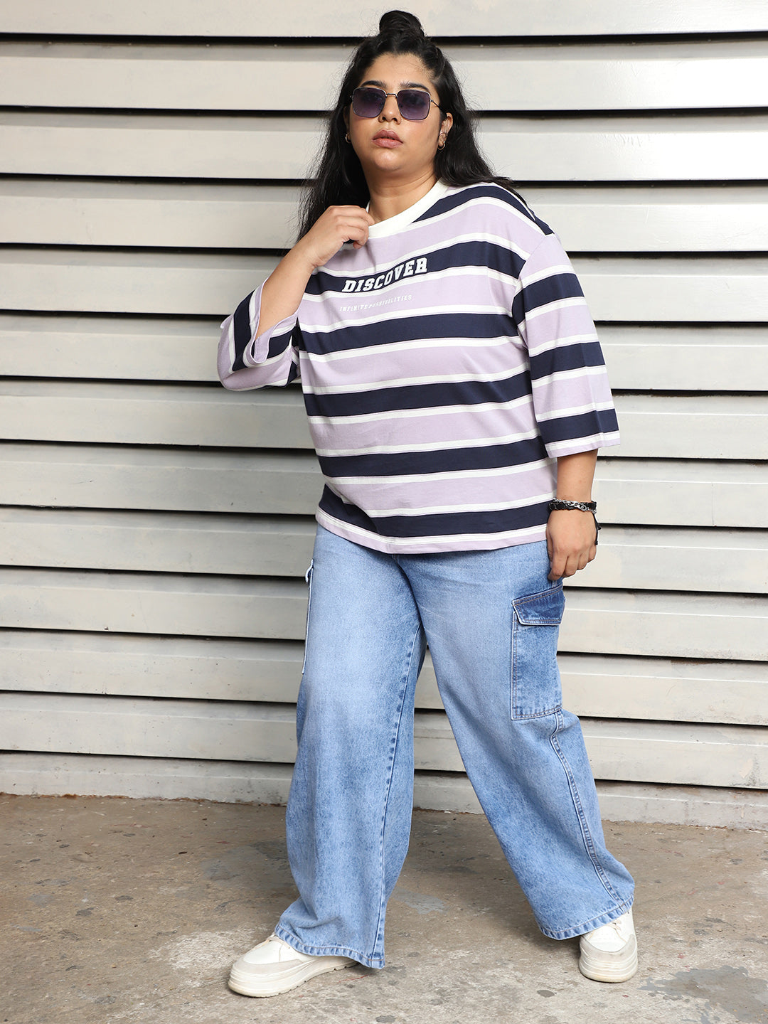 Plus Size Striped Drop-Shoulder Sleeves Cotton boxy T-shirt