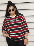 Pure Cotton Plus Size Striped Drop-Shoulder Sleeves Boxy T-shirt