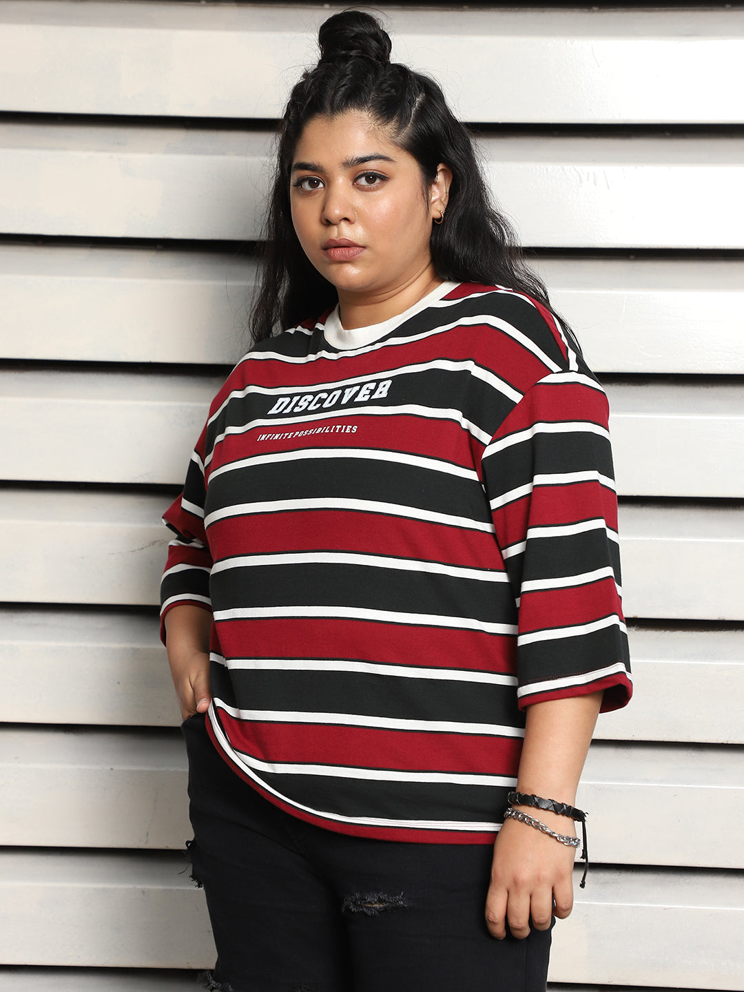 Pure Cotton Plus Size Striped Drop-Shoulder Sleeves Boxy T-shirt