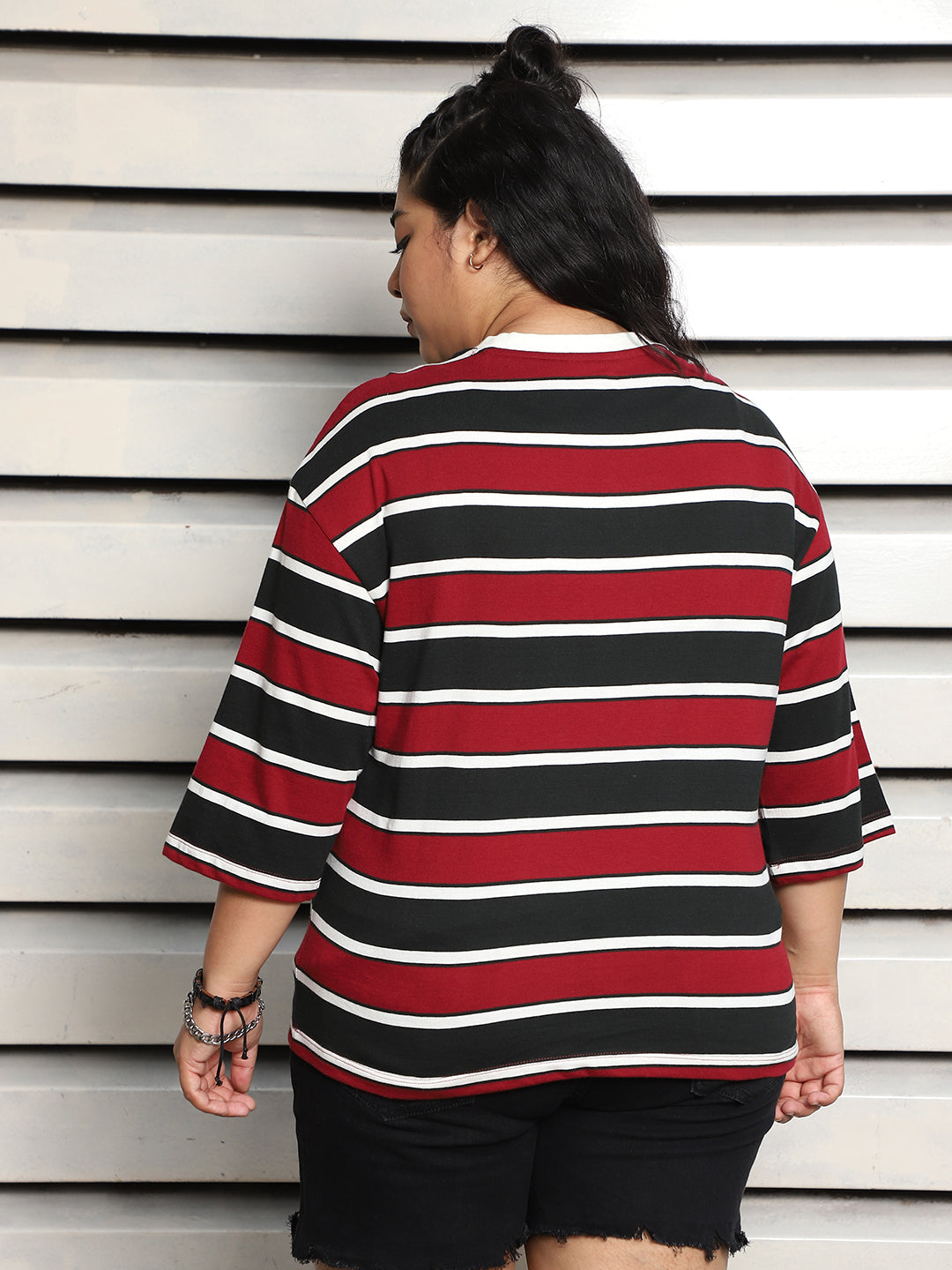 Pure Cotton Plus Size Striped Drop-Shoulder Sleeves Boxy T-shirt