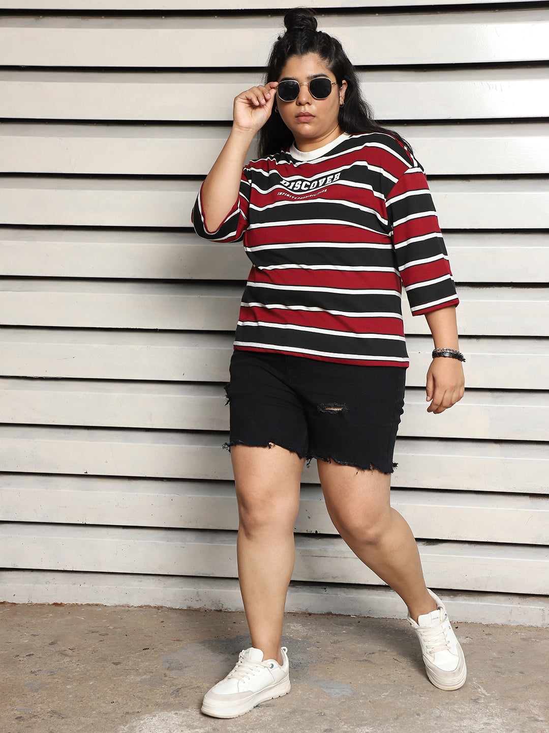 Pure Cotton Plus Size Striped Drop-Shoulder Sleeves Boxy T-shirt