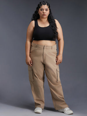 Plus Size Women Relaxed Straight Leg Loose Fit High-Rise Cargos Trousers