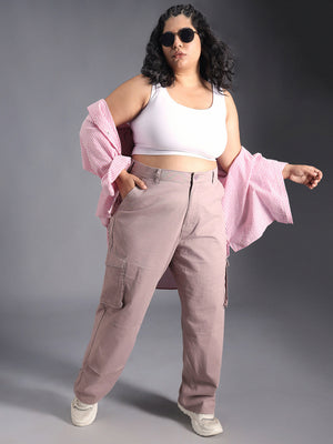 Plus Size Women Relaxed Straight Leg Loose Fit High-Rise Cargos Trousers