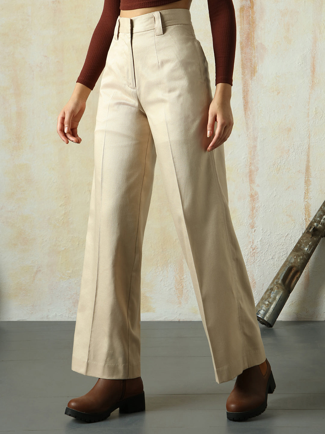 High Star Women Solid Regular length Wide leg Trousers