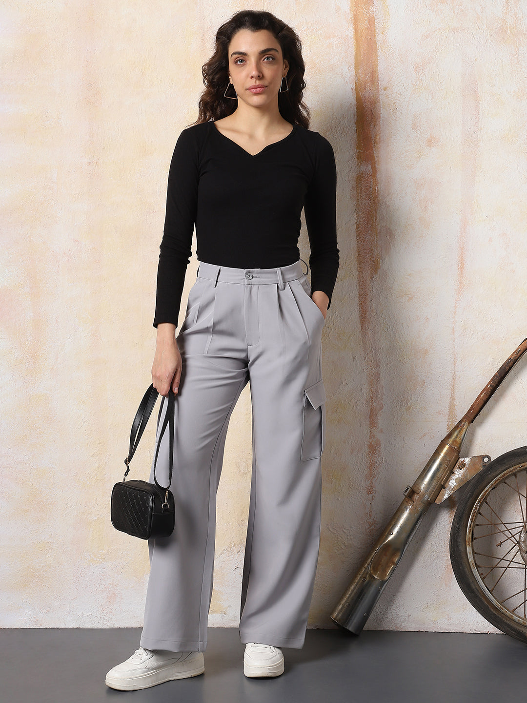 High Star Women Solid Wide Leg High Rise Korean Trousers