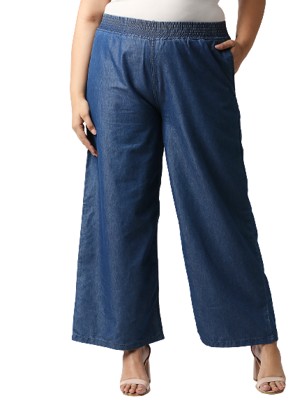 Women Plus Size Blue Solid Wide Leg Palazzos