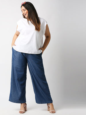 Women Plus Size Blue Solid Wide Leg Palazzos