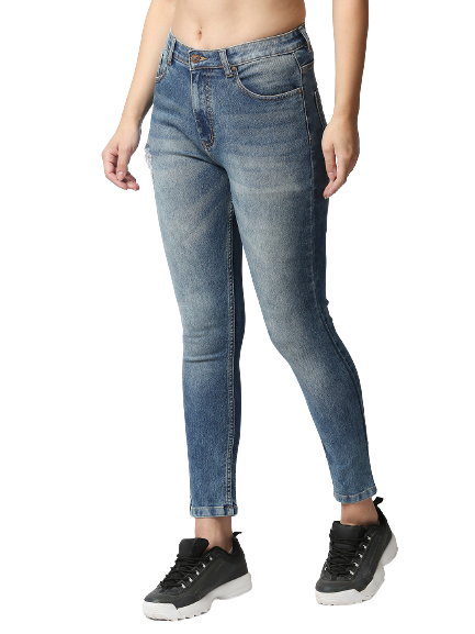 Women Blue Slim Fit High-Rise Low Distress Heavy Fade Acid Wash Stretchable Jeans