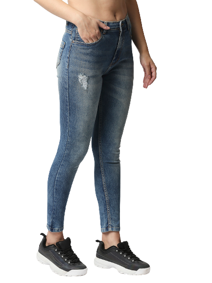 Women Blue Slim Fit High-Rise Low Distress Heavy Fade Acid Wash Stretchable Jeans