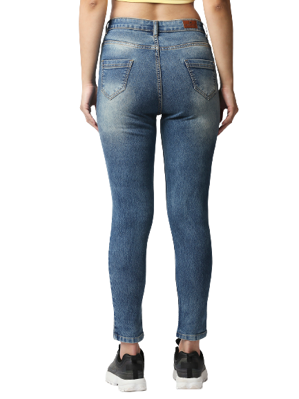 Women Blue Slim Fit High-Rise Low Distress Heavy Fade Acid Wash Stretchable Jeans