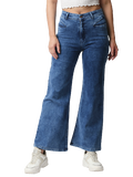 Women Blue Wide Leg High-Rise Light Fade Acid Wash Stretchable Jeans