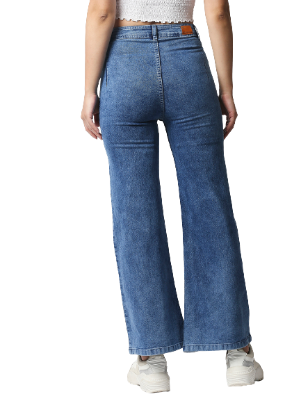 Women Blue Wide Leg High-Rise Light Fade Acid Wash Stretchable Jeans