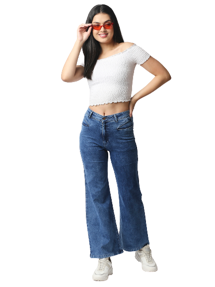 Women Blue Wide Leg High-Rise Light Fade Acid Wash Stretchable Jeans