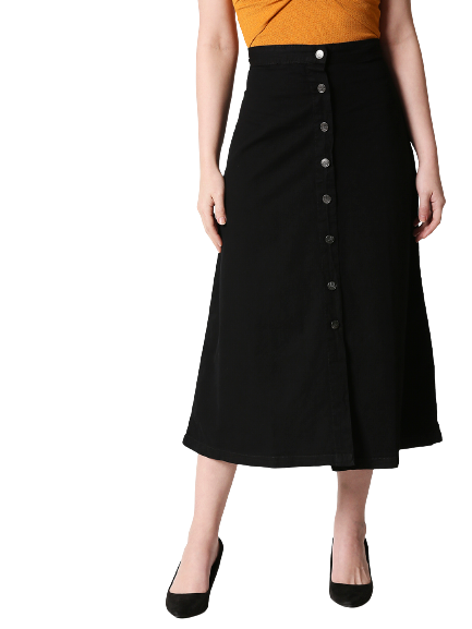 Women Black Solid A-Line Midi Denim Skirt