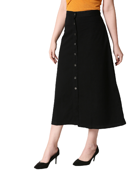 Women Black Solid A-Line Midi Denim Skirt