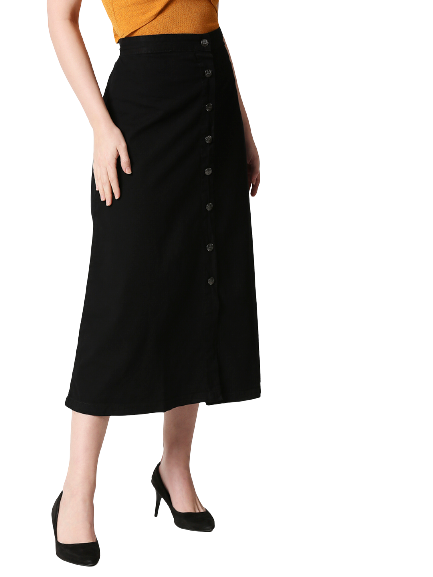 Women Black Solid A-Line Midi Denim Skirt