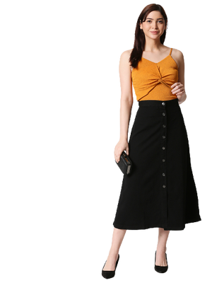 Women Black Solid A-Line Midi Denim Skirt